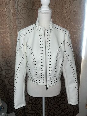 White Studded Faux Leather Moto Jacket - Contemporary Women's Style